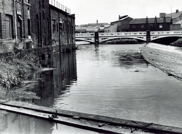 A view of Ball Street Bridge in Kelham Island, Sheffield, with three cast iron spans, in 1974