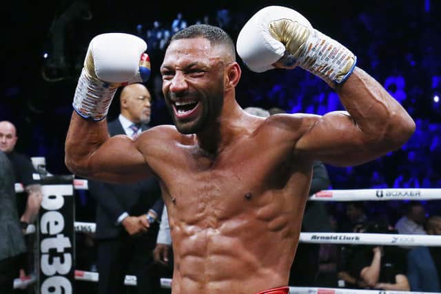 Kell Brook celebrates victory over Amir Khan (not pictured) during their Welterweight contest at AO Arena on February 19, 2022 in Manchester, England. (Photo by Nigel Roddis/Getty Images)
