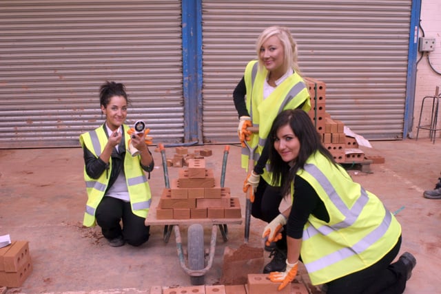 Beauty therapy students at Chesterfield College had a go at bricklaying in 2009   l  to r Zora Hamaidia, Jennifer Aucock, Kate Eircumshaw