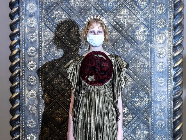 A model wears a creation by Christian Dior's during a fitting session at Christian Dior's Haute Couture