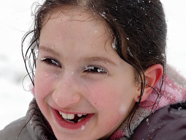 There was no escaping the snow today off Windsor Road as the snow settled on young Lucia Buffa`s eyelashes.
