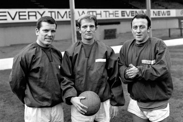 Joe McBride, Willie Hunter, and Pat Quinn pictured at Easter Road. All three played for both clubs. McBride (Motherwell 1062-65; Hibs 1968-71), Hunter (Motherwell 1957-57; Hibs 1968-71), and Quinn (Motherwell 1955-1962; Hibs 1963-69).
