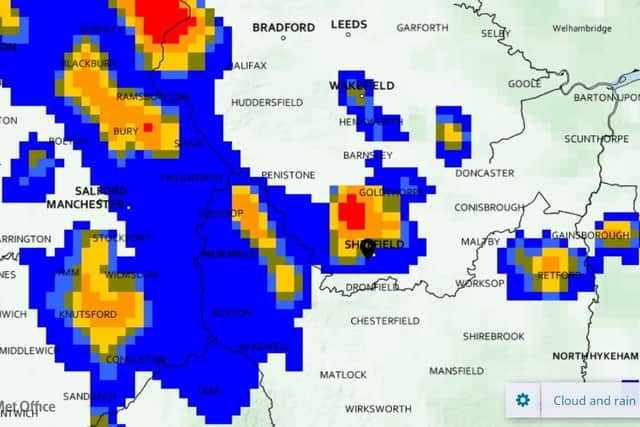 Image by Met Office, OpenMapTiles and OpenStreetMap contributors showing thunderstorms likely to arrive in Sheffield by 2pm on August 15.