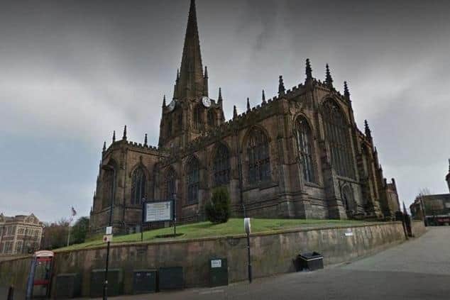 Pictured is The Minster Church of All Saints or Rotherham Minster, on Church Street, in Rotherham town centre, near to where a pervert sexually assaulted a "suicidal" woman who was perched nearby on top of a high wall.