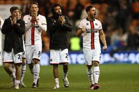 George Baldock of Sheffield United enjoys the win at Blackpool: Darren Staples / Sportimage