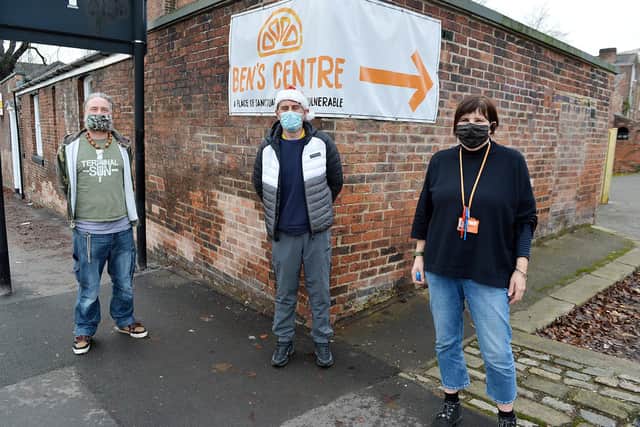 A new home for Ben's Centre in Sheffield. Daryl Bishop, CEO Bens Centre, client Melc and project worker Anne.