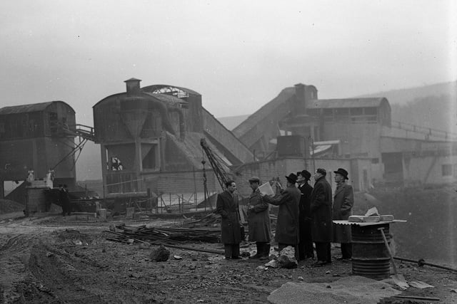 Commissioner Mr G Shewan being shown around Blackford Hill Quarry by County Road Surveyor Mr G Issac in January 1953.