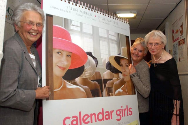 Calendar Girl Beryl Bamforth (Miss January, far right) at Penistone Paramount cinema for a WI showing of the movie Calendar Girls with Joan Holgate (Federation Chair) and Sandy Acaster (Vice Chair) in 2003