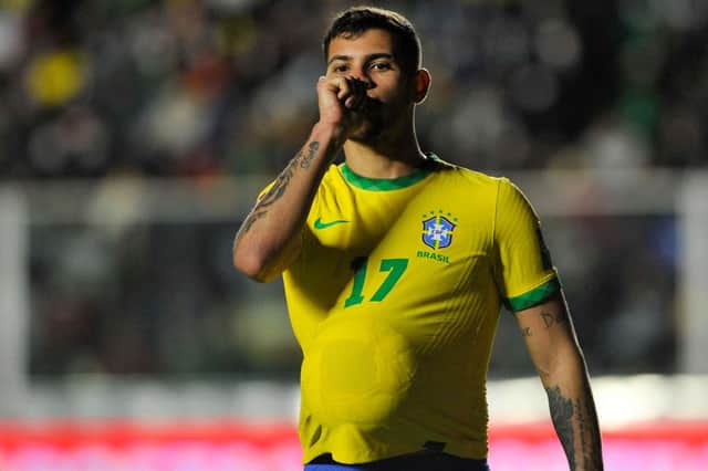 Newcastle United's Bruno Guimaraes celebrates after scoring for Brazil against Bolivia.