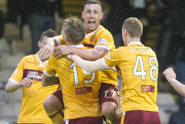 Scott Macdonald celebrates after scoring for Motherwell during the Scottish Premiership play-off final second leg versus Rangers at Fir Park on May 31, 2015.  (Photo by Jeff Holmes/Getty Images)