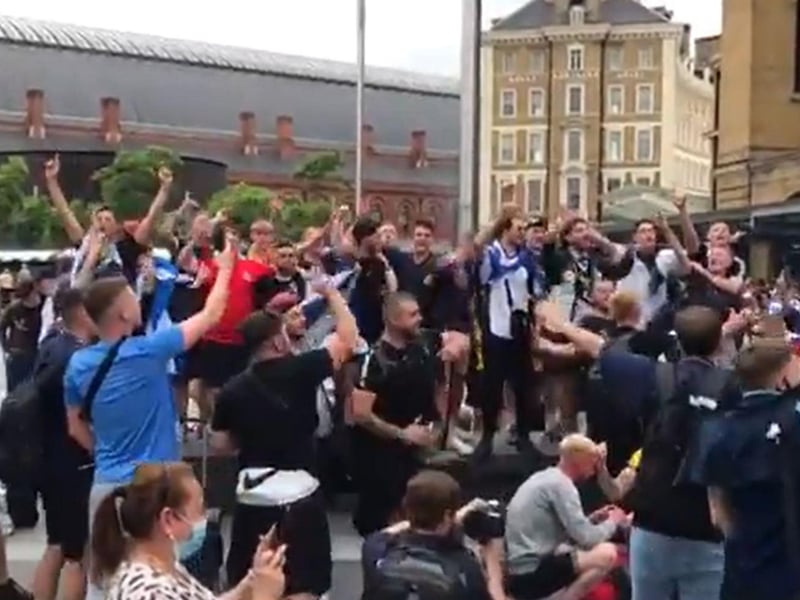 Yes Sir, I Can Boogie rings out from train stations across London as Scotland fans descend on the UK capital ahead of the game. The image is another screengrab from footage taken by Simon Lamrock of fans gathered outside King's Cross St Pancras station after their journey down from Scotland.