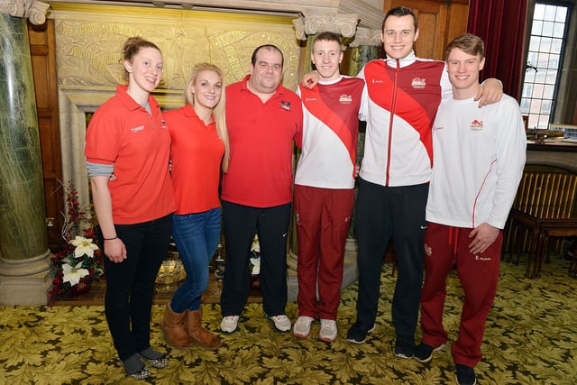 A civic reception in 2014 for Sheffield's Commonwealth Games athletes. Pictured are swimmers Rebecca Turner, Eleanor Faulkner, coach Russ Barber, Max Litchfield, Nicholas Grainger and Lewis Coleman.