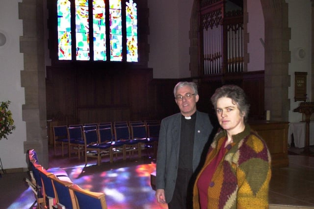 Pictured at St Andrews Church, Psalter Lane, Sheffield in 2003, where the vicar of the church Rev Nick Jowett is seen with the artist who created the new stained glass window Rona Moody.
