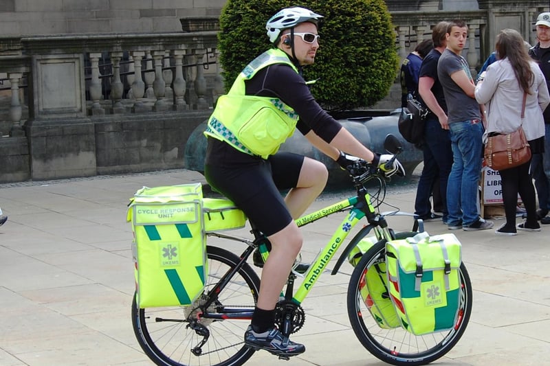 This bicycle ambulance was photographed outside Sheffield Town Hall in the city centre in 2013.