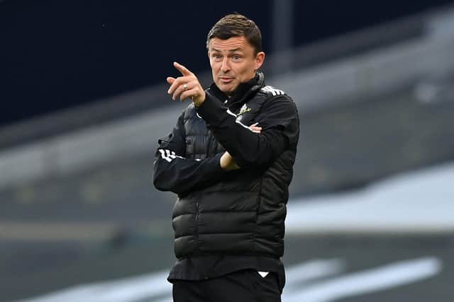 Sheffield United's Interim manager Paul Heckingbottom reacts during the English Premier League football match between Tottenham Hotspur and Sheffield United at Tottenham Hotspur Stadium in London, on May 2, 2021. (Photo by Justin Setterfield / POOL / AFP) / RESTRICTED TO EDITORIAL USE. No use with unauthorized audio, video, data, fixture lists, club/league logos or 'live' services. Online in-match use limited to 120 images. An additional 40 images may be used in extra time. No video emulation. Social media in-match use limited to 120 images. An additional 40 images may be used in extra time. No use in betting publications, games or single club/league/player publications. /  (Photo by JUSTIN SETTERFIELD/POOL/AFP via Getty Images)