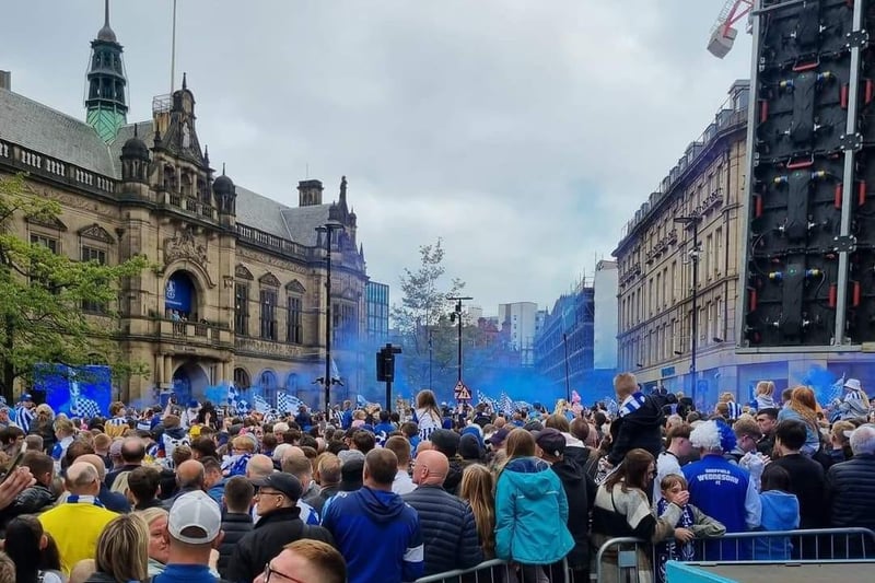 A blue hue filled the air as supporters gathered together outside Sheffield Town Hall.