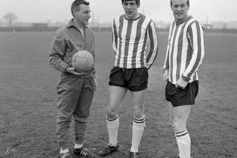 First team trainer Billy Elliott (right), Ian Porterfield (centre) and Gordon Harris meet for a tactical talk before a training session at Cleadon.