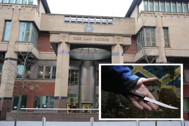 Sheffield Crown Court, pictured, heard how a thug punched a man in the street and in a separate incident stabbed another man during a row over drugs. Also pictured is an example of a knife.