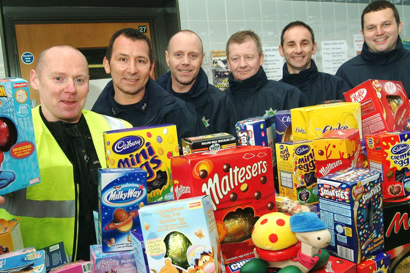 Mansfield firefighters with some of the hundreds of Easter eggs collected in 2008 when bike enthusiasts descended on the Rosemary Street station from Nottingham.  
The eggs were distributed to good causes in the area. Pictured, from left, are event organiser Dave Storey, Mick Topping, Robert Wilson, Paul Holmes, Kev Mudd and Ian Garratt.