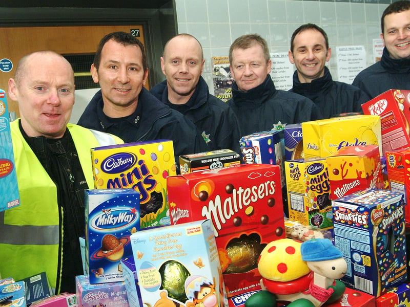 Mansfield firefighters with some of the hundreds of Easter eggs collected in 2008 when bike enthusiasts descended on the Rosemary Street station from Nottingham.
The eggs were distributed to good causes in the area. Pictured, from left, are event organiser Dave Storey, Mick Topping, Robert Wilson, Paul Holmes, Kev Mudd and Ian Garratt.