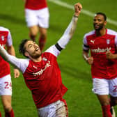 Matt Crooks celebrates scoring his second goal in Rotherham United's 3-3 draw against Stoke City at the New York Stadium.  Picture Bruce Rollinson