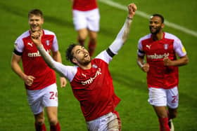 Matt Crooks celebrates scoring his second goal in Rotherham United's 3-3 draw against Stoke City at the New York Stadium.  Picture Bruce Rollinson