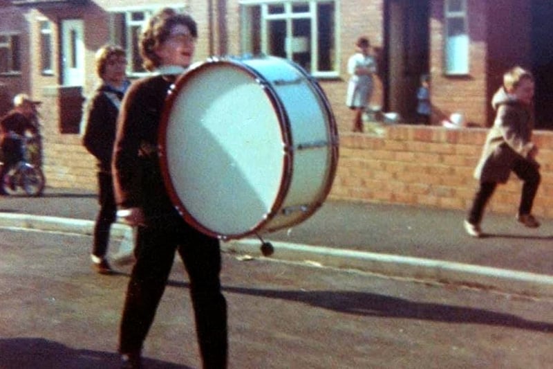 Jean Self on the bass drum marching around the streets of Ryhope to 'drum up new marchers', said Susan. "Jean's two sons were also part of the band and still are now along with their own children."