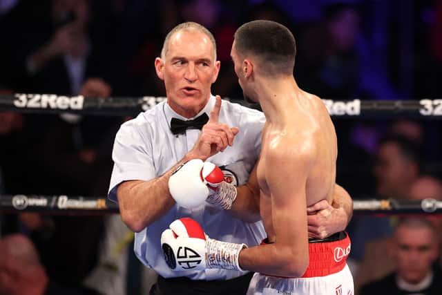 Steve Gray speaks with Hamzah Sheeraz in his fight against Bradley Skeete for the WBO European super welterweight title at the Copper Box Arena on December 4 (Photo by Alex Pantling/Getty Images).