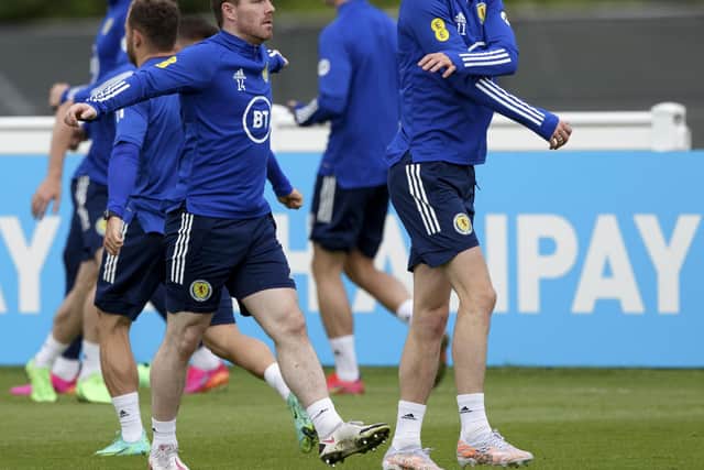 DARLINGTON, ENGLAND - JUNE 11: John Fleck (L) and Ryan Christie during a Scotland training session at Rockliffe Park, on June 11, 2021, in Darlington, England. (Photo by Craig Williamson / SNS Group)