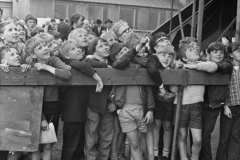 Children watch as the 15,000-ton cargo motorship Armadale was launched from the Southwick shipyard of the Austin and Pickersgill Group in 1970.