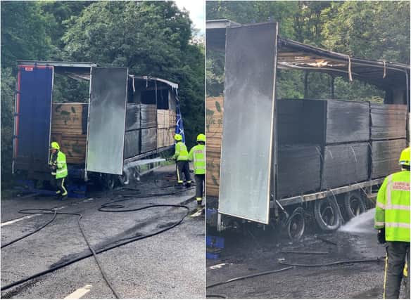 The fire has ripped through a truck on the A1(M) near Doncaster.
