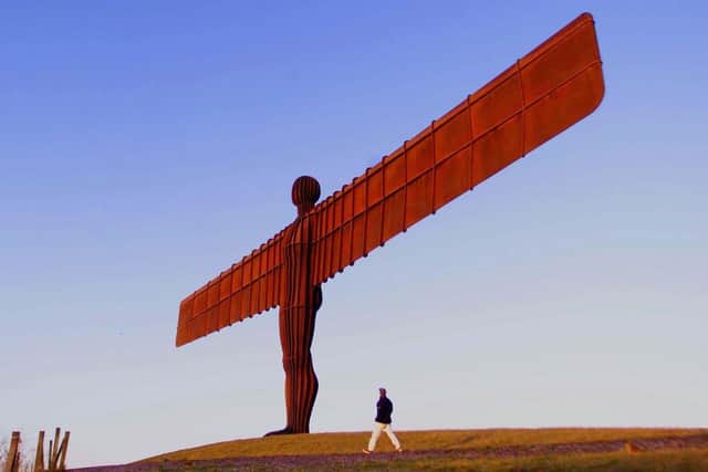 The Angel of the North in Newcastle with sculptor Antony Gormley. Photo credit: Owen Humphreys/PA