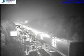 A crash on the M1 near Sheffield is causing ‘severe’ traffic jams this evening, say highways bosses. Picture shows the situation this evening