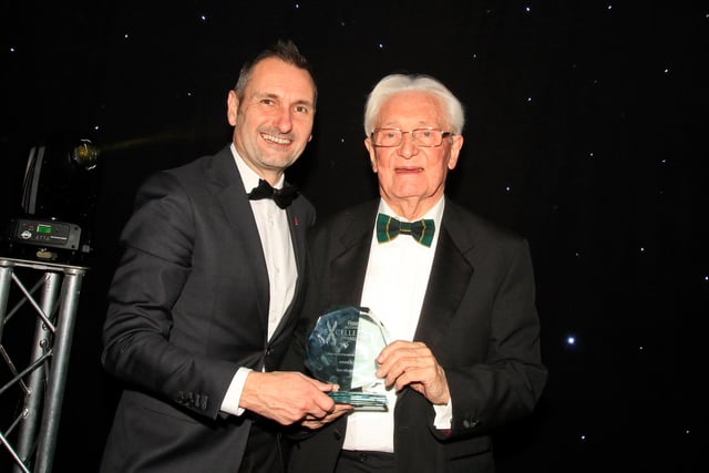 Phil Bramley, Derbyshire Times Editor, pictured presenting Stan Mowatt, with the Lifetime Achievement Award
