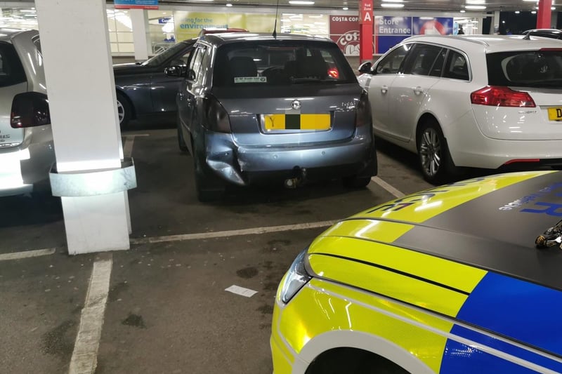 Chesterfield, May 9
This Skoda failed to stop after being caught above the speed limit.
Police tweeted: "Located in the favourite haunt of Tesco car park. Reported for speeding and failing to stop. #Fatal4"