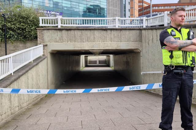 The cordon at St Mary's Gate in Sheffield city centre on Monday (April 8)