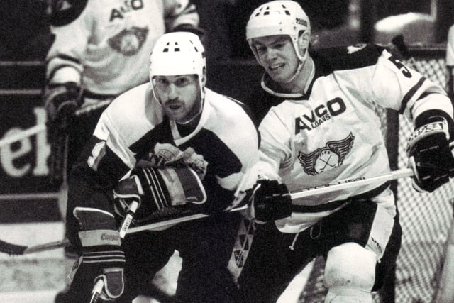 Defenceman  Paul Cain in action against Whitley Warriors' Claude Dumas  - he iced in just 17 games in the disastrous relegation season of 1990-91.(Pic: Bill Dickman/FFP)