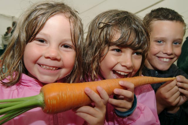 Reg Newton's prize winning long carrot was a hit with Mansfield youngsters, from the left; Aimee Mcloughlin 7, sister Shannon 8 and Thomas Christopher aged 9.
