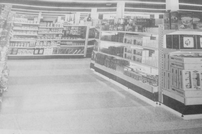 Inside Wm Low the original supermarket in The Postings. The store was opened by Isla St Clair, Scottish singer and co-host of the Generation Game.