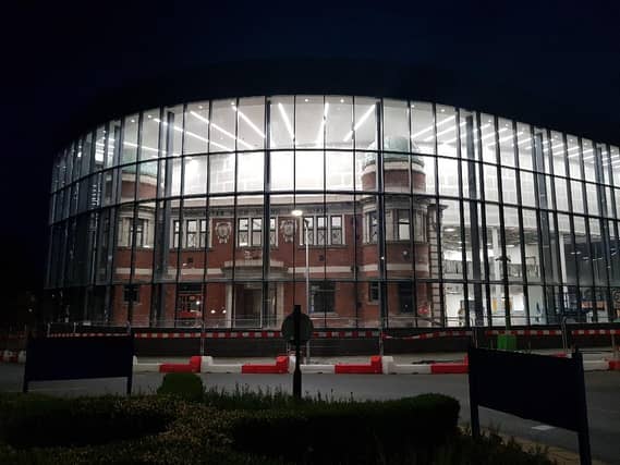 Lights on - the lights are turned on at the new Doncaster Gallery, Library and Museum for the first time