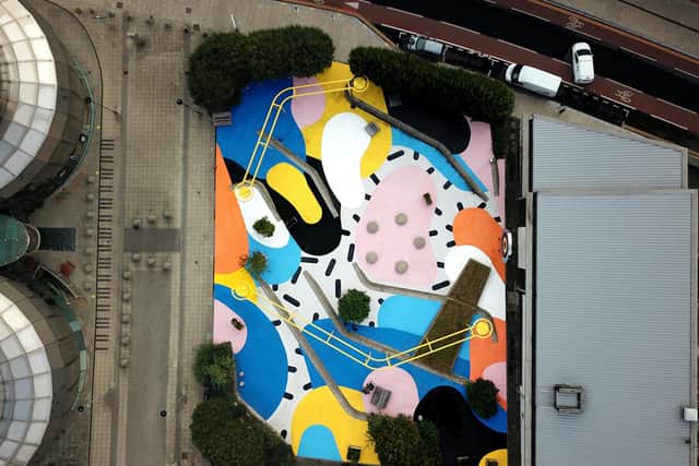 An aerial view of artist Florence Blanchard's work Bounce, transforming Site Square next to the old Centre for Popular Music in Brown Street, Sheffield