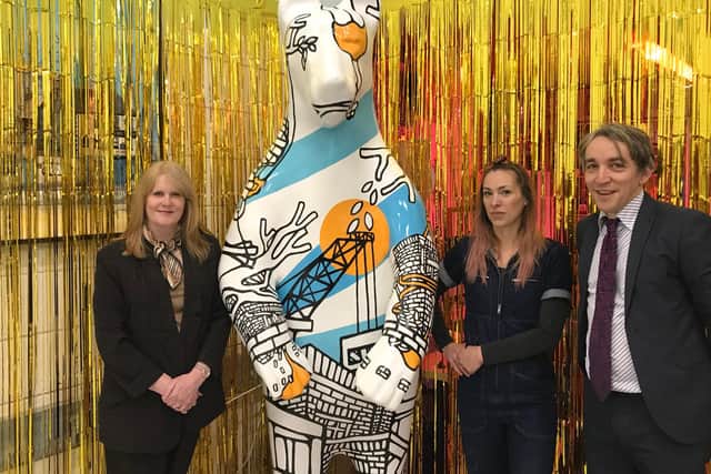 Sheffield BID Manager Diane Jarvis, Sheffield-based artist Jo Peel who painted the bear and Director at The Children’s Hospital Charity David Vernon-Edwards