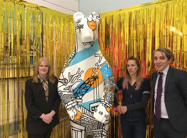 Sheffield BID Manager Diane Jarvis, Sheffield-based artist Jo Peel who painted the bear and Director at The Children’s Hospital Charity David Vernon-Edwards