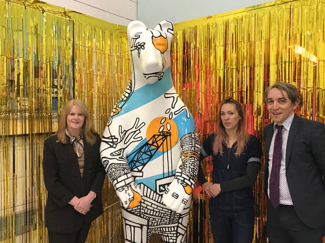 Sheffield BID Manager Diane Jarvis, Sheffield-based artist Jo Peel who painted the bear and Director at The Children’s Hospital Charity David Vernon-Edwards