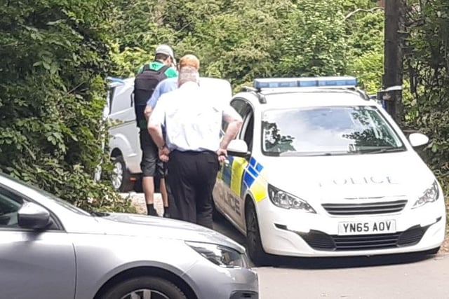 The police investigation at Oxspring Dam, next to Herries Road, Shirecliffe, Sheffield. Officers appear to arrive at the scene