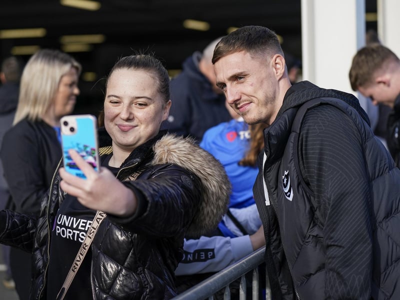 11 November 2023: Gavin Whyte interacts with the fans ahead of Pompey's 2-2 draw with Charlton