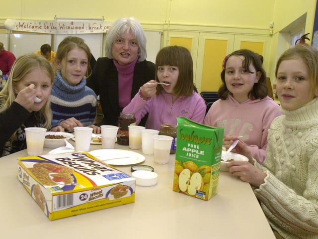 Wisewood Primary School headteacher kate Waddicor with pupils Shauna Byrne, Amy Hamilton, Hannah Smith, Laurie Byrne and Shannon Byrne at the launch of the school's breakfast club in February 2004
