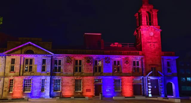 Keel Square bathed in colour to mark VE Day.