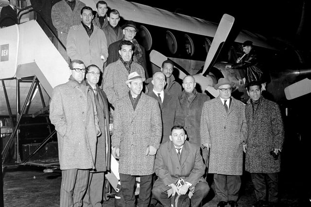 Utrecht football players and officials arrive at Turnhouse Airport ahead of a game against Hibs in December 1962.