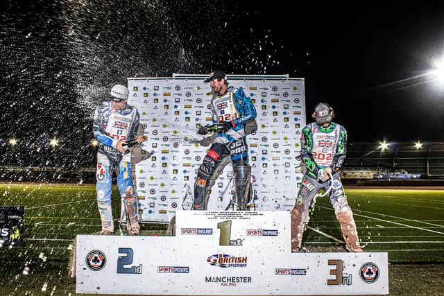 Adam Ellis celebrates British final glory with runner-up Dan Bewley (left) and third-place Charles Wright. Picture: Taylor Lanning.